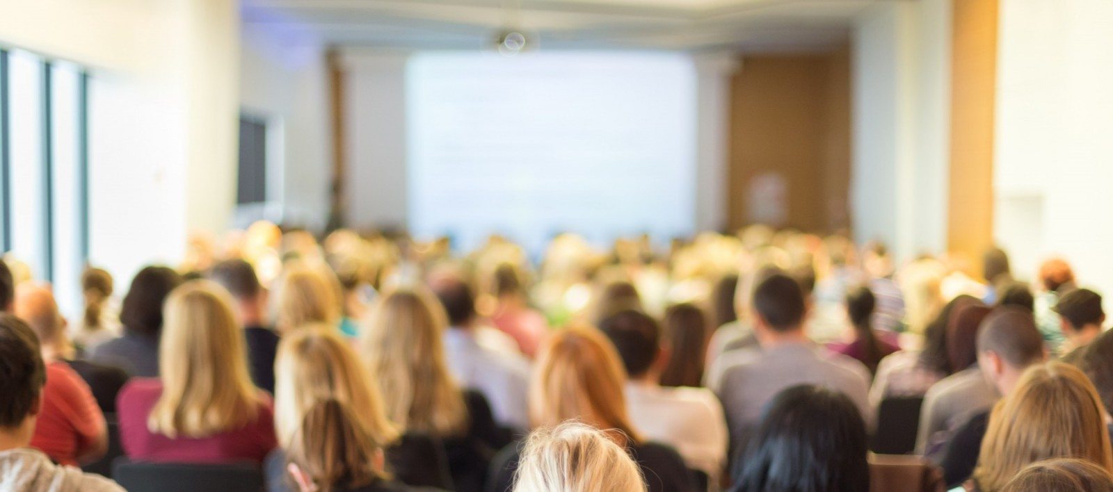 A crowd of people watching a presentation